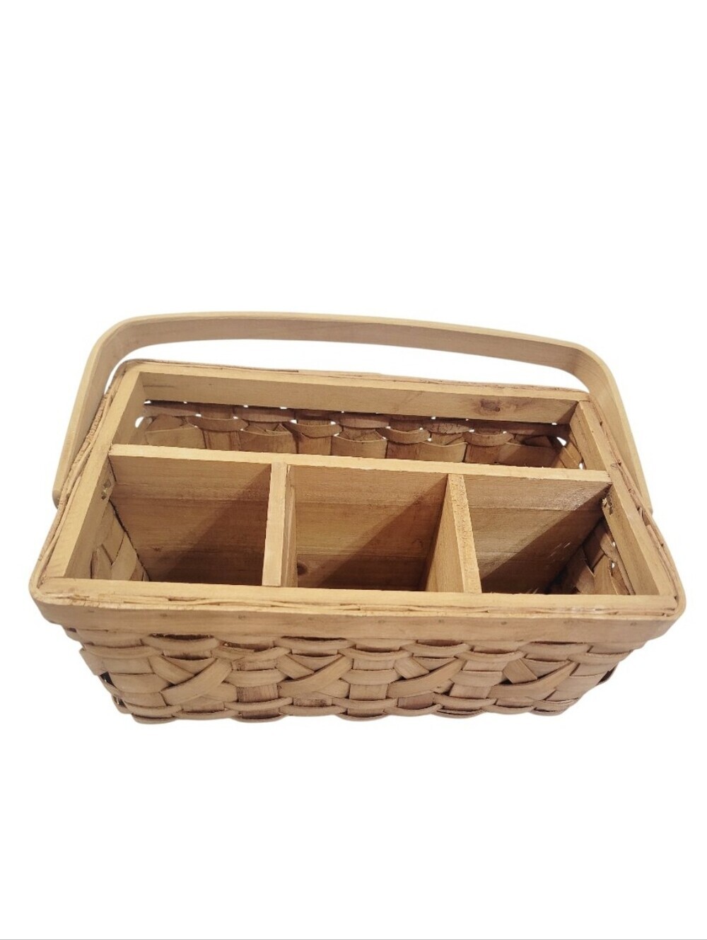Vintage Woven Wood Divided Basket Caddy Organizer Carry Handle Farmhouse Storage - Picture 2 of 11